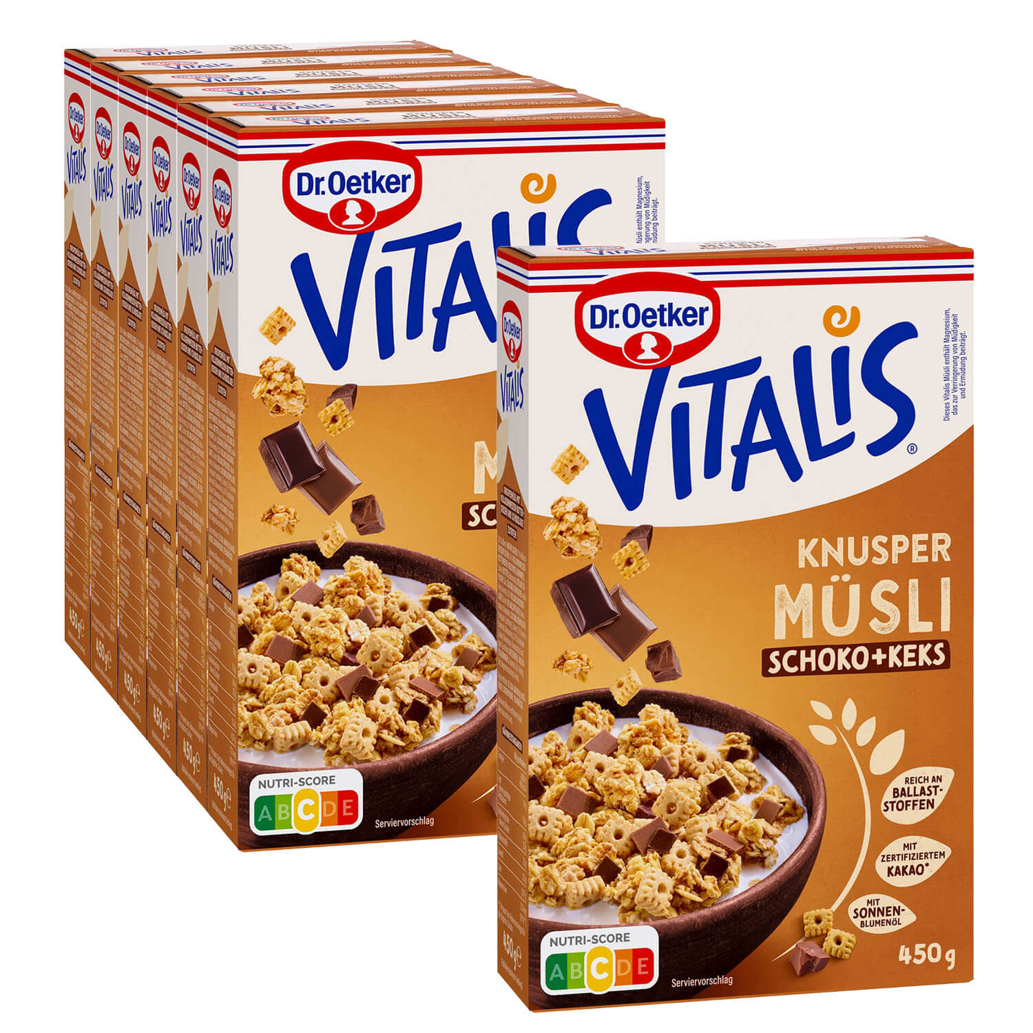 Vitalis Knuspermüsli Schoko+Keks, 6er Pack + 1 gratis