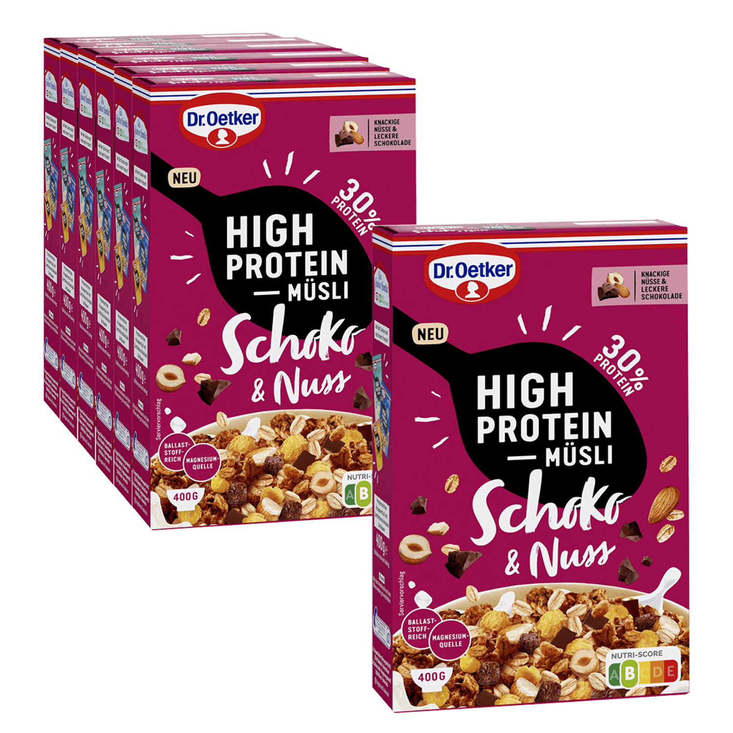 High Protein Müsli Schoko & Nuss, 6er Pack + 1 gratis