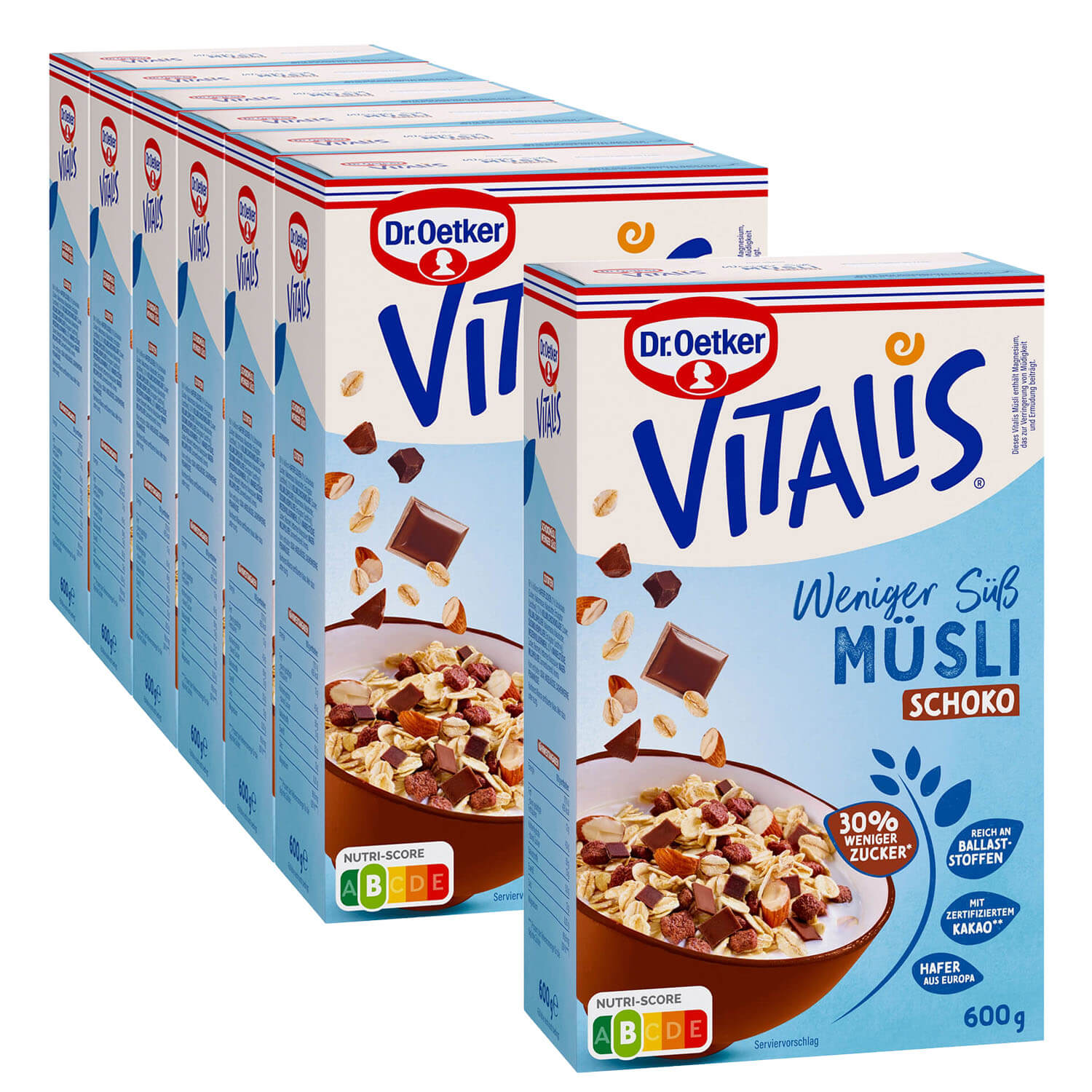 Vitalis Weniger süß Schoko Müsli, 6er Pack + 1 gratis