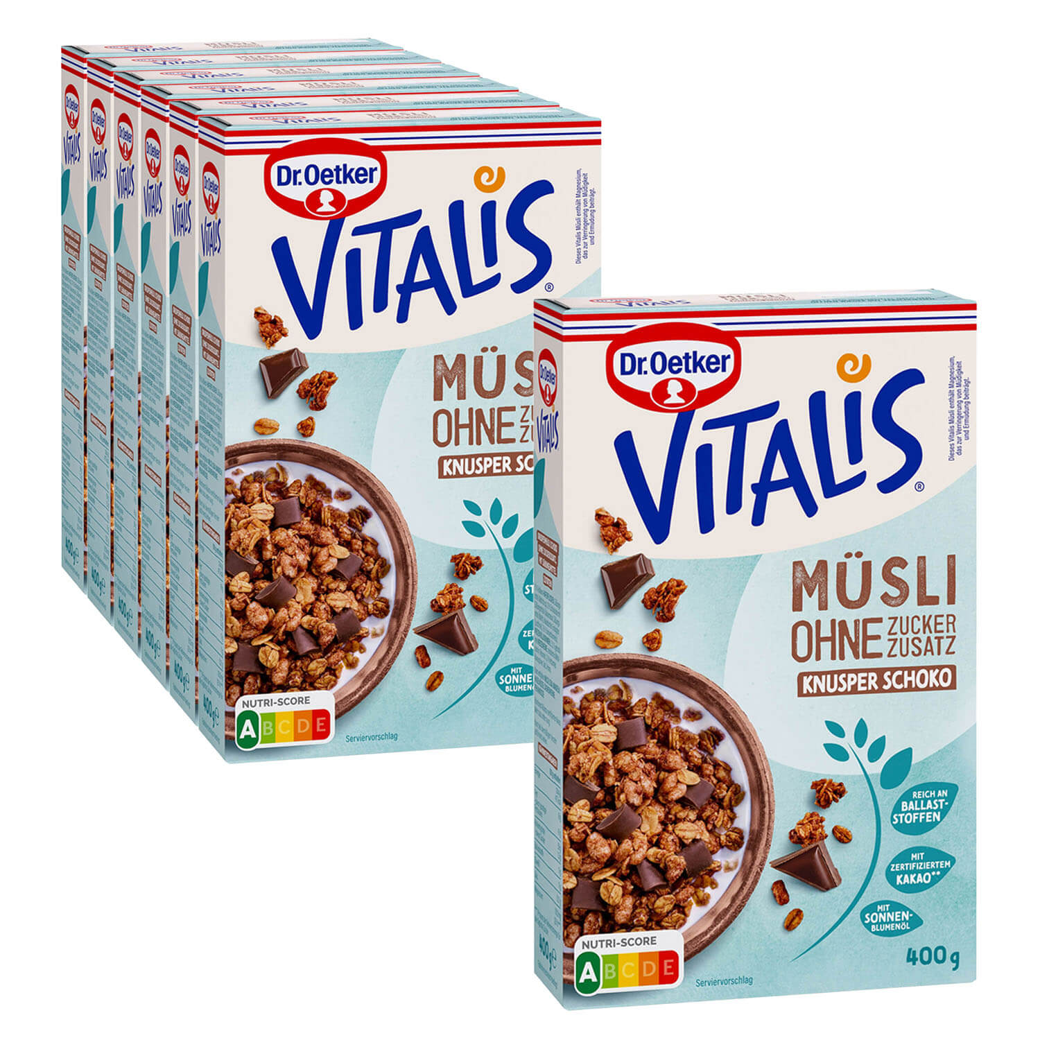 Vitalis ohne Zuckerzusatz Knusper Schoko, 6er Pack + 1 gratis 