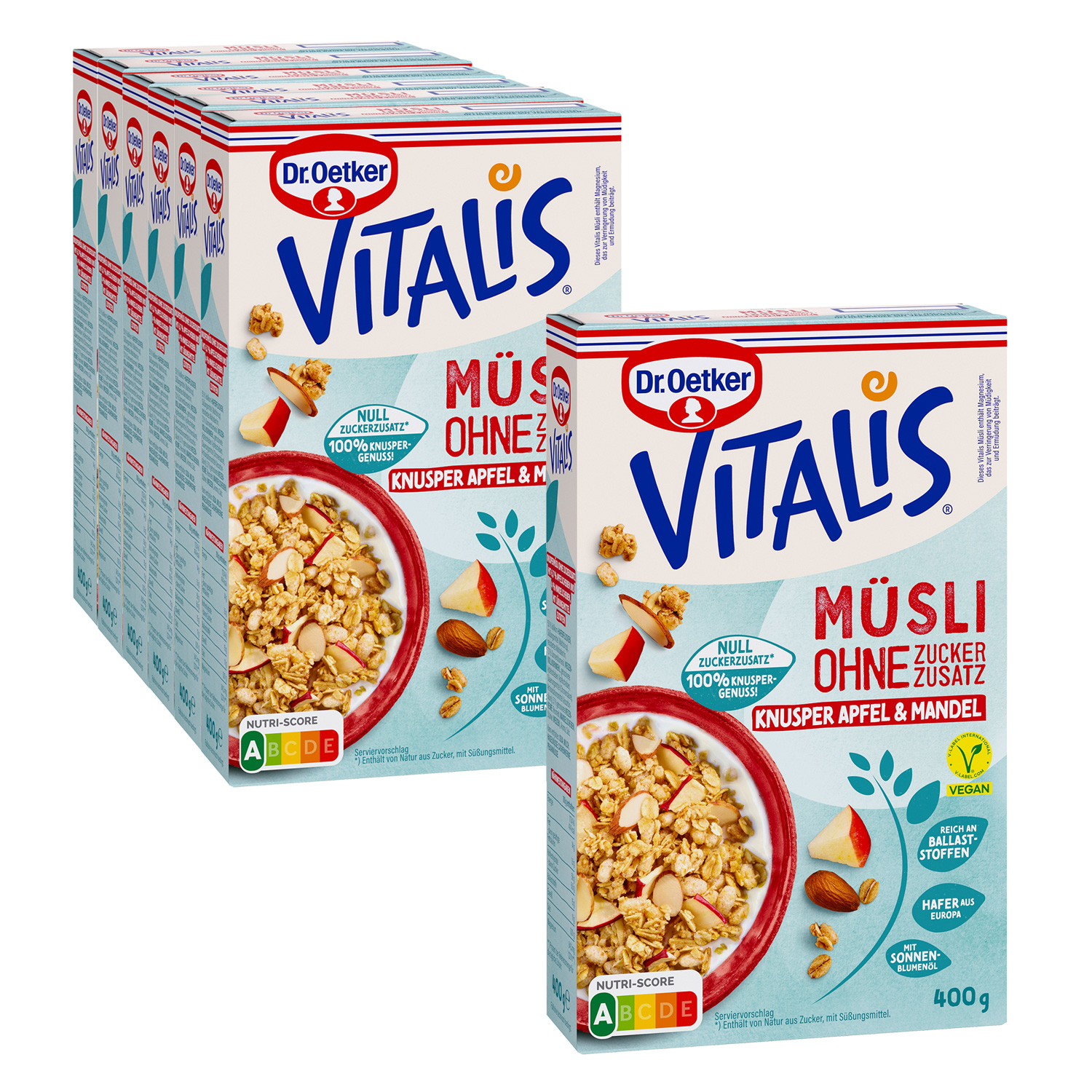 Vitalis ohne Zuckerzusatz Knusper Apfel & Mandel, 6er Pack + 1 gratis